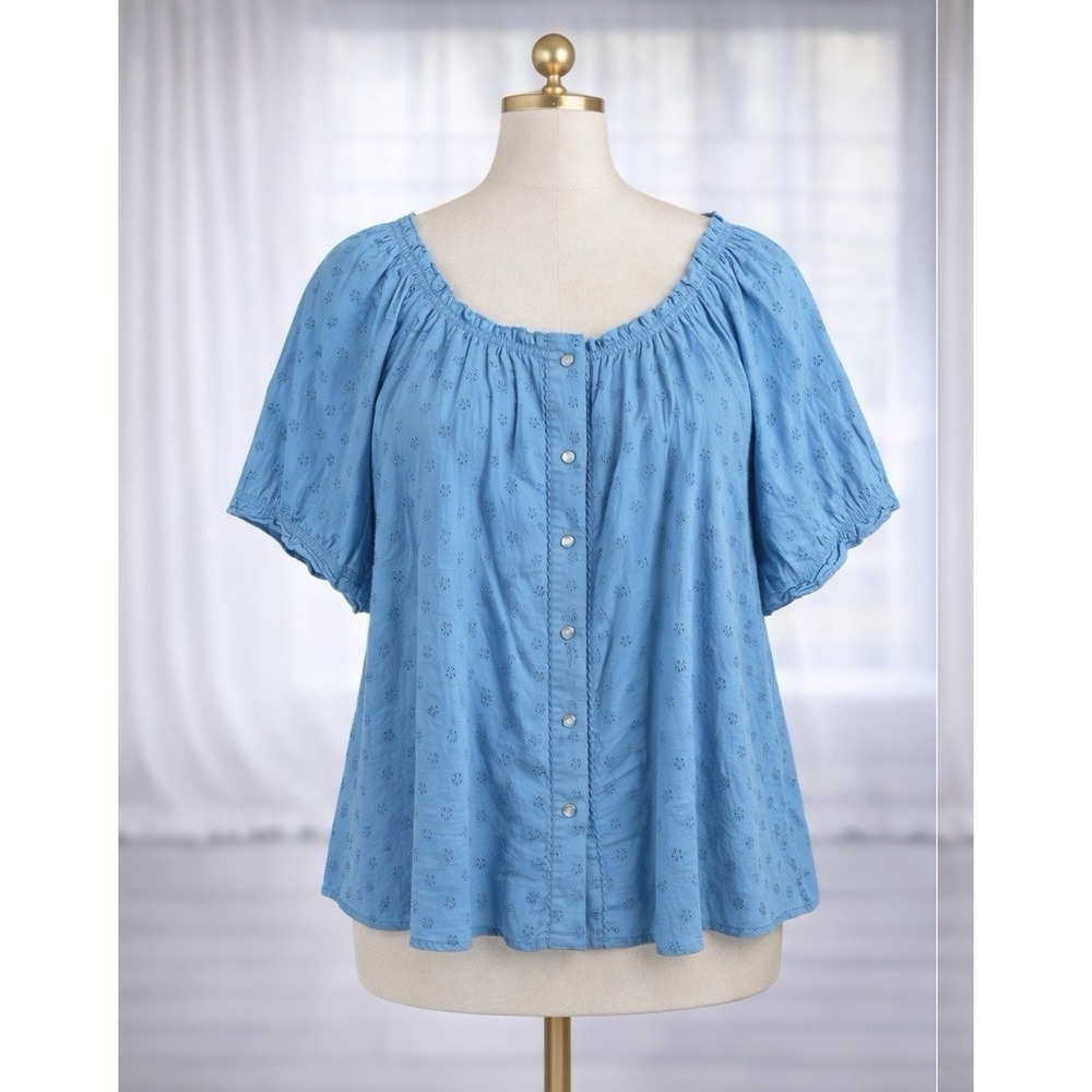 Denim & Co Size 3X Turquoise Blue Eyelet Pearl Snap Front Top Festival Western